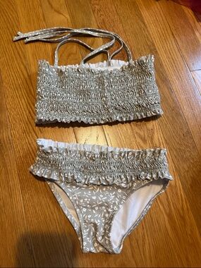 Rylee + Cru Girls Floral Smocked Two-Piece Bikini in Light Gray and White